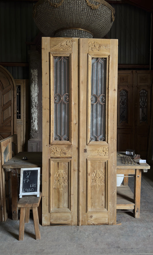 Elegantly Carved Antique Iron French Doors - 39x97 - L480