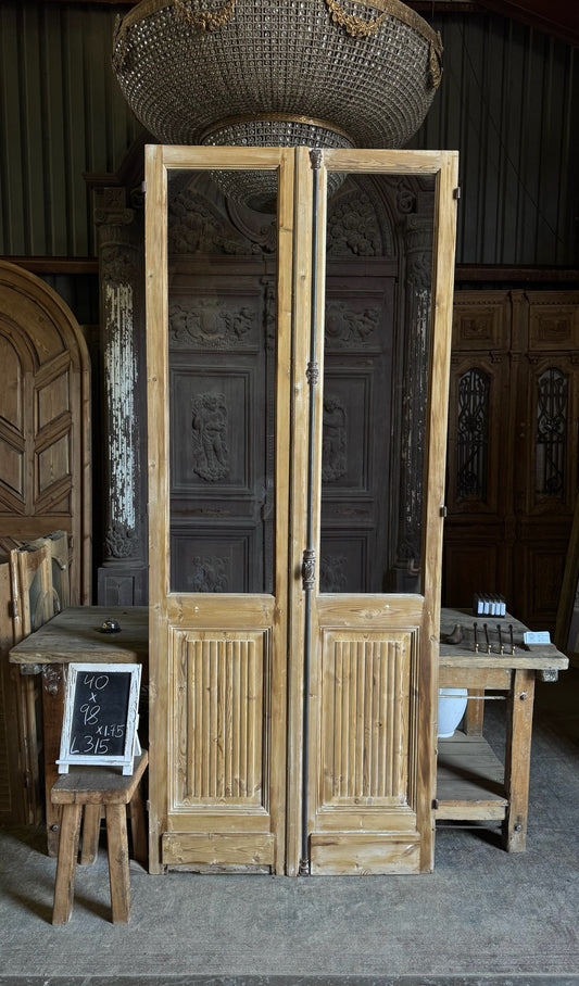 Fluted Panel Antique Glass French Doors - 40x98 - L315