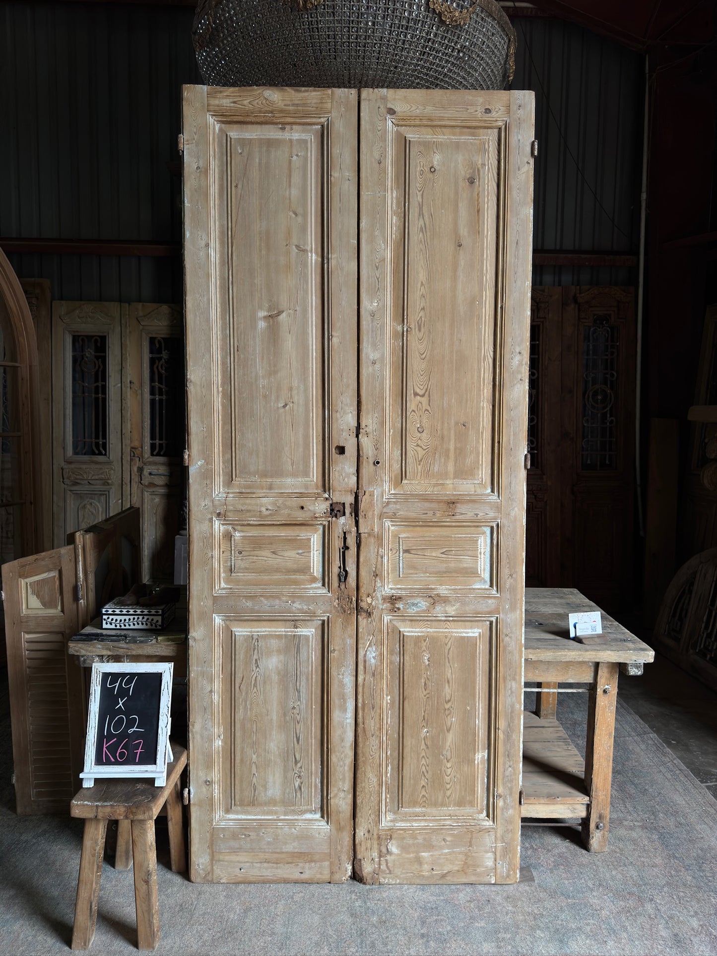 3 Panel Antique Solid French Doors - 44x102 K67