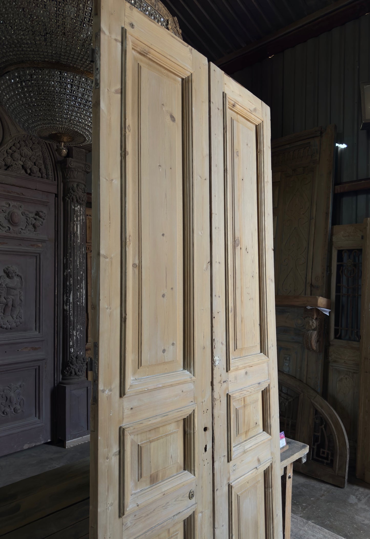 3 Panel Antique Solid French Doors With Raised Molding - 43x108 K221