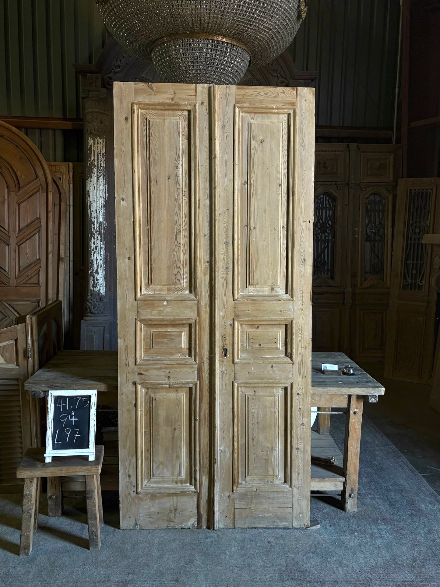 Raised Molding 3 Panel Antique Solid French Doors - 44.75x94 - L97