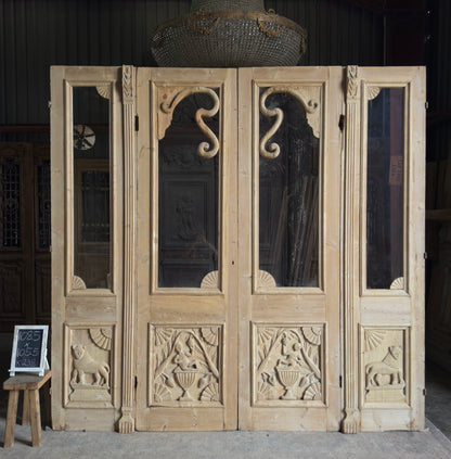 Carved Scene Antique Bi-Fold Glass Doors - 108.5x105.5 K238