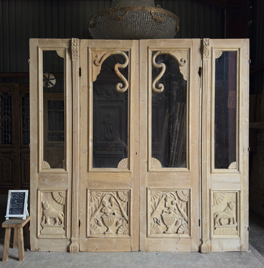 Carved Scene Antique Bi-Fold Glass Doors - 108.5x105.5 K238