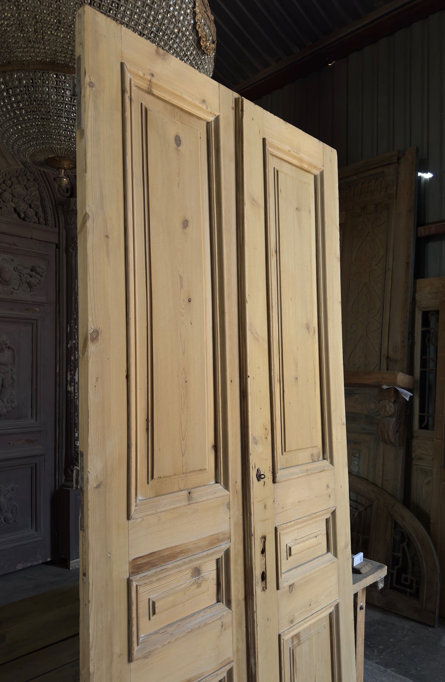 Raised Molding 3 Panel Antique Solid French Doors - 46x102 K413