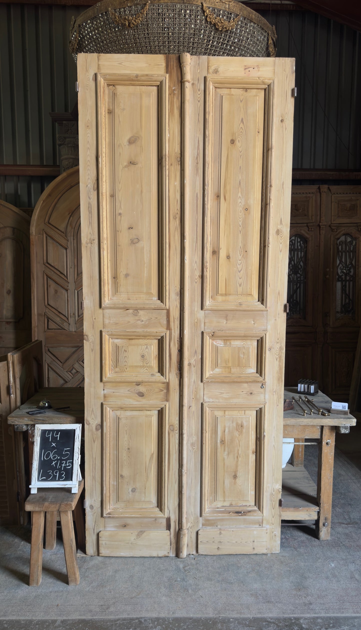 Raised Molding 3 Panel Antique Solid French Doors - 44x106.5 - L393