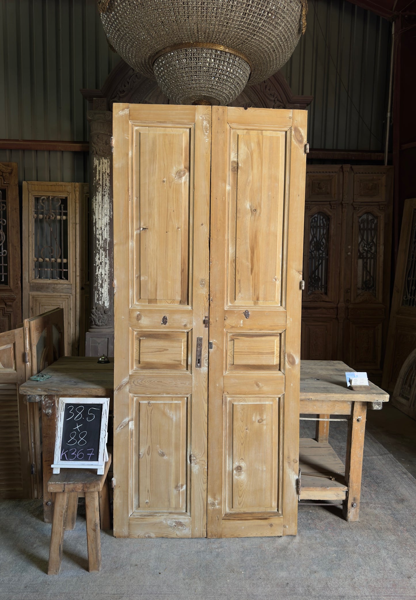 3 Panel Antique Solid French Doors - 38.5x88 K367