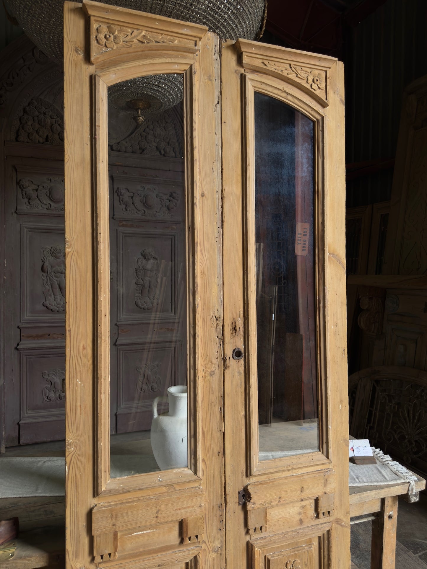 19th Century Antique Hand Carved Glass French Doors  - 40.75x98.5 J457