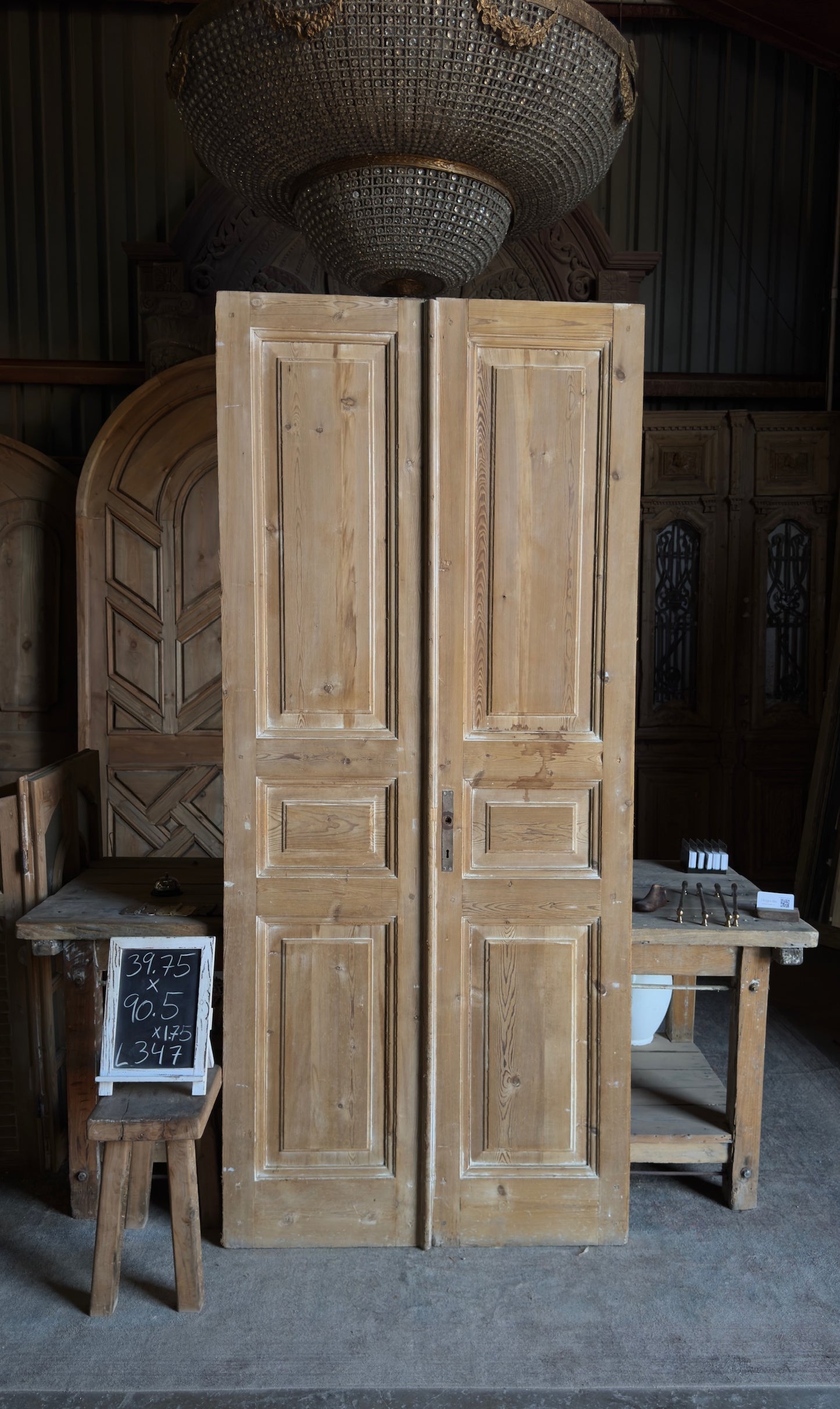 3 Panel Antique Solid French Doors - 39.5x90.5 - L347