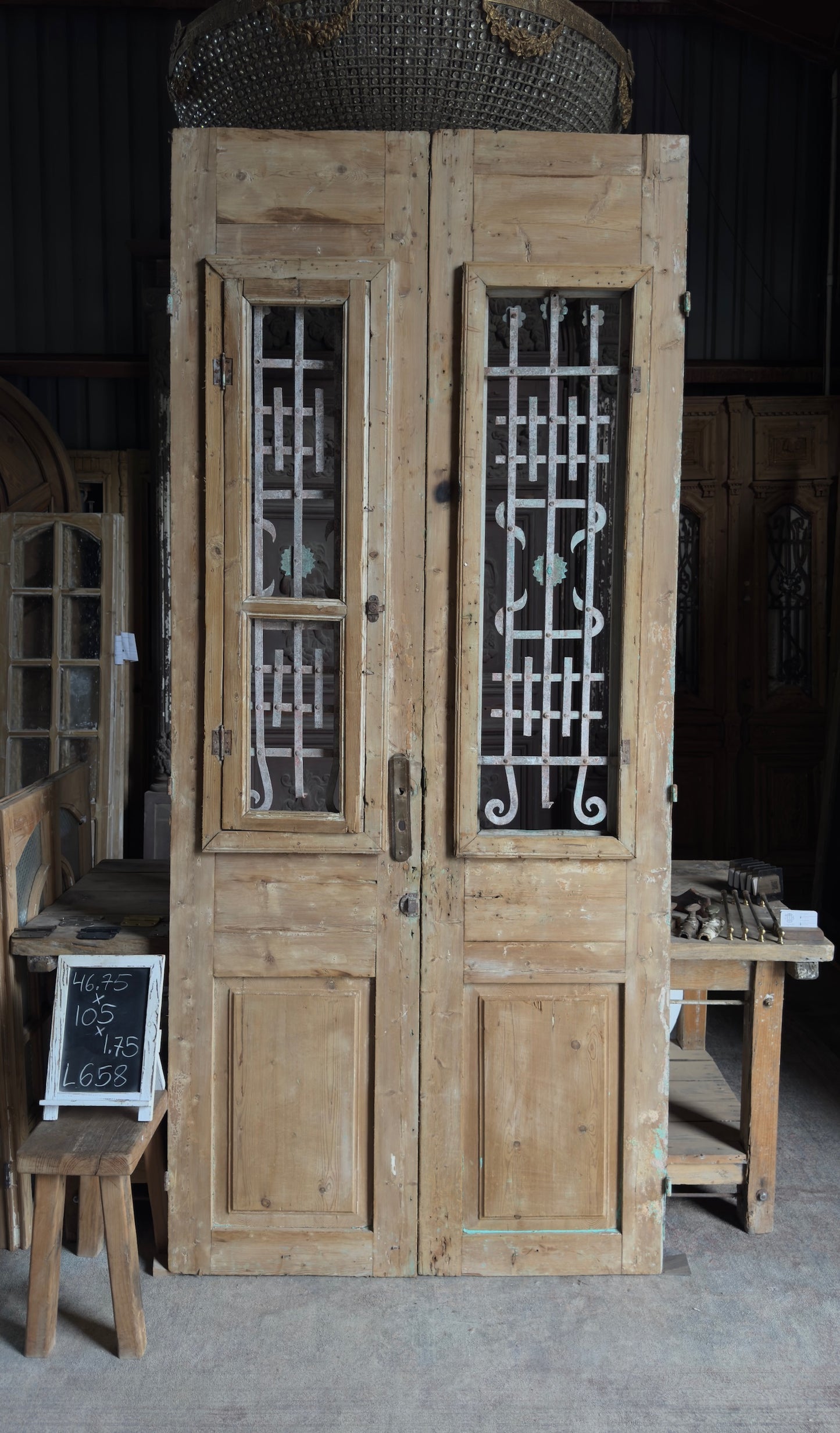Antique Carved 4 Lite French Doors - 46.75x105 - L658