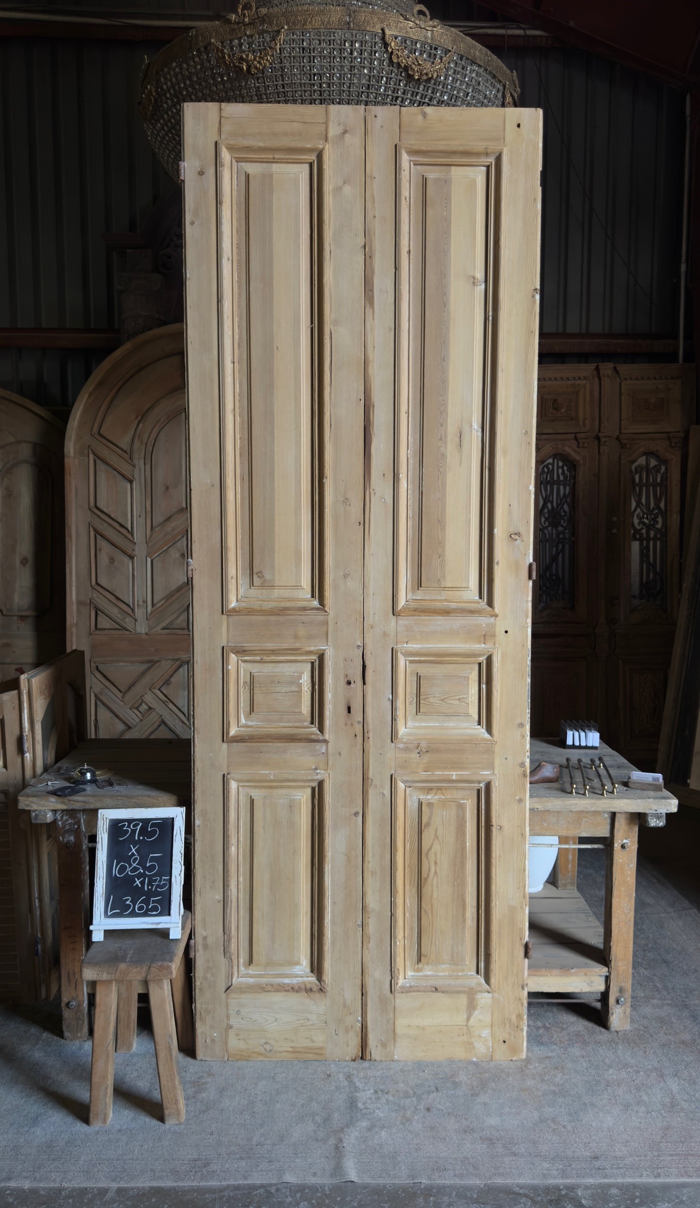 Raised Molding 3 Panel Antique Solid French Doors - 39.5x108.5 - L365