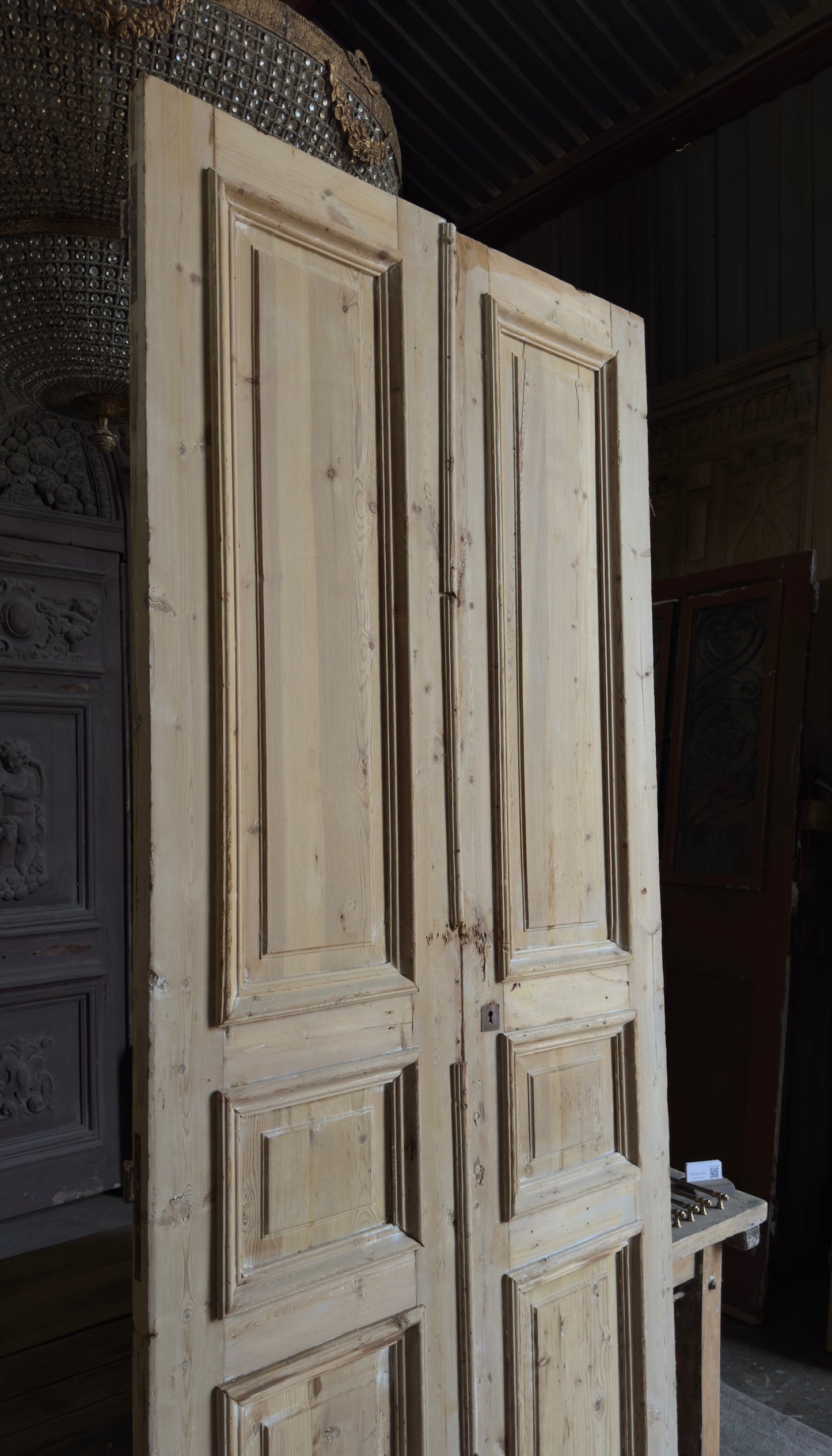 Raised Molding 3 Panel Antique Solid French Doors - 43x105 - L382