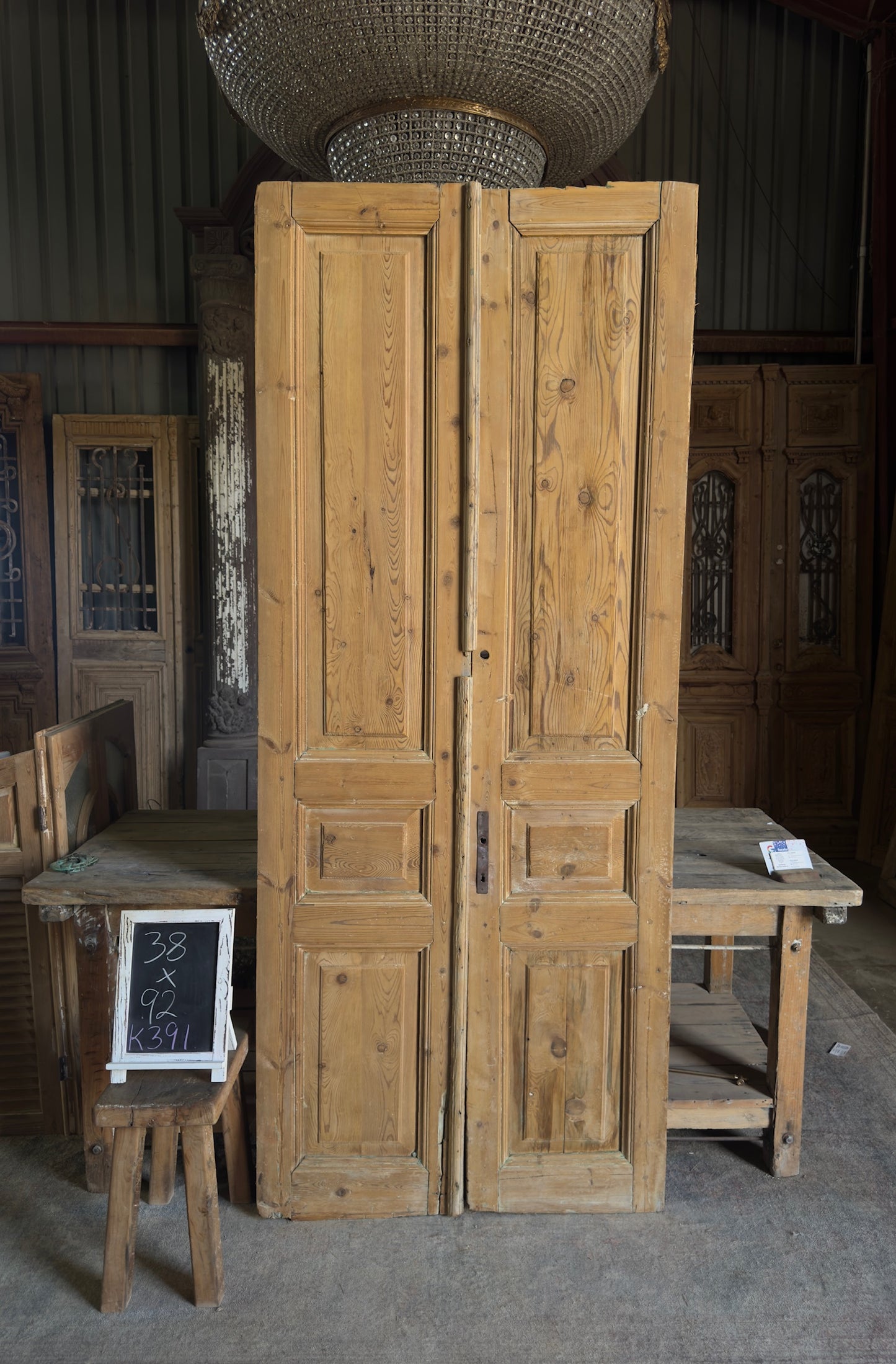 3 Panel Antique Solid French Doors - 38x92 K391