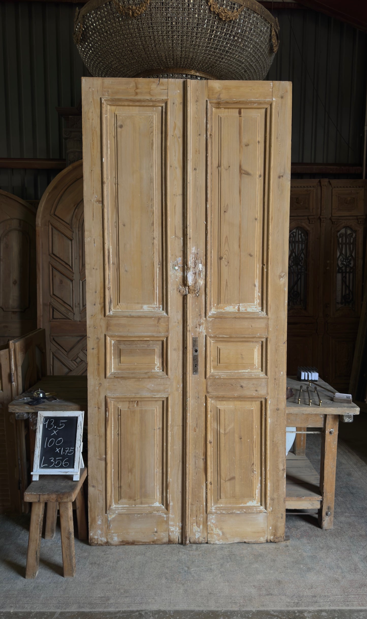 Raised Molding 3 Panel Antique Solid French Doors - 43.5x100 - L356