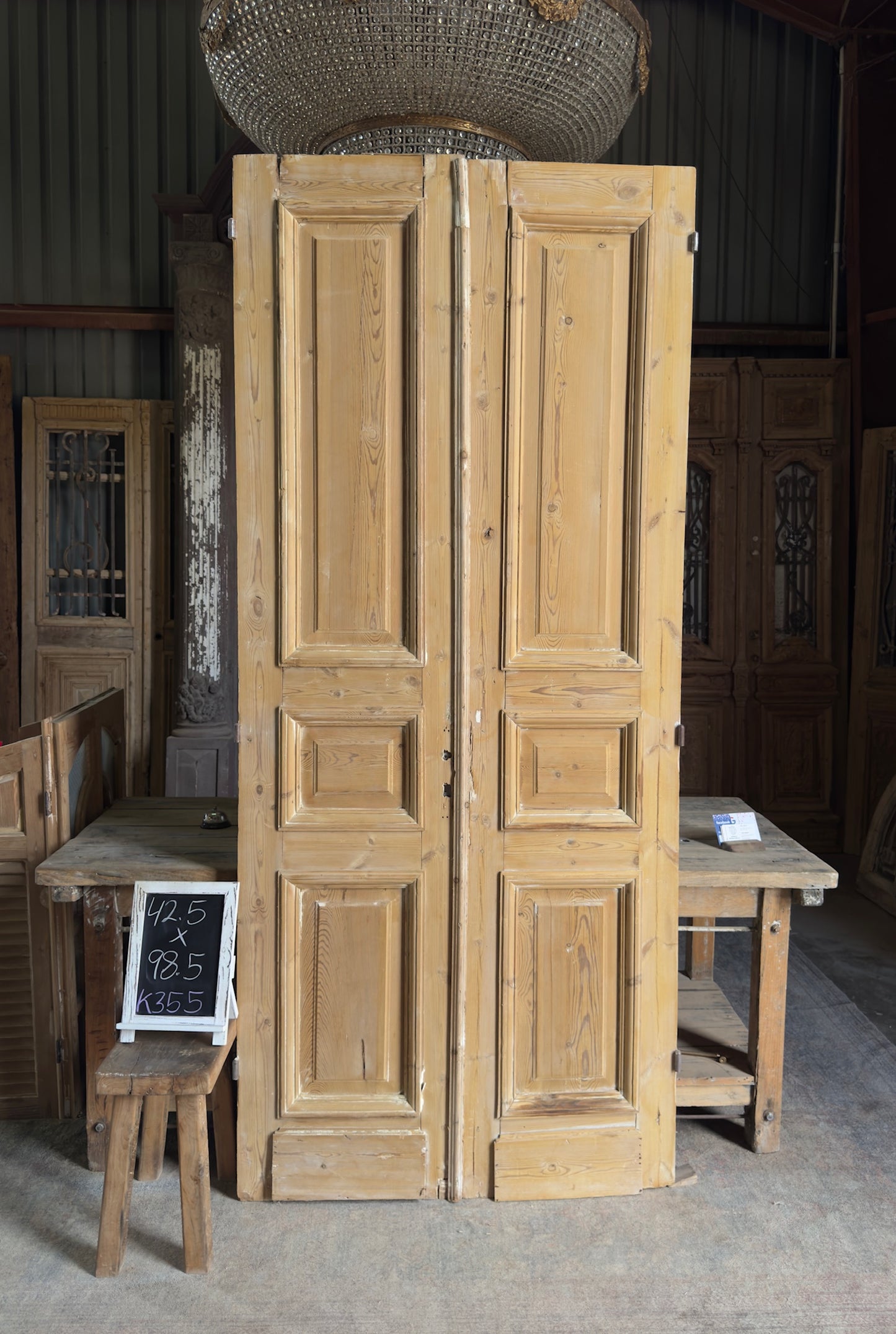 Raised Molding 3 Panel Antique Solid French Doors - 42.5x98.5 K355