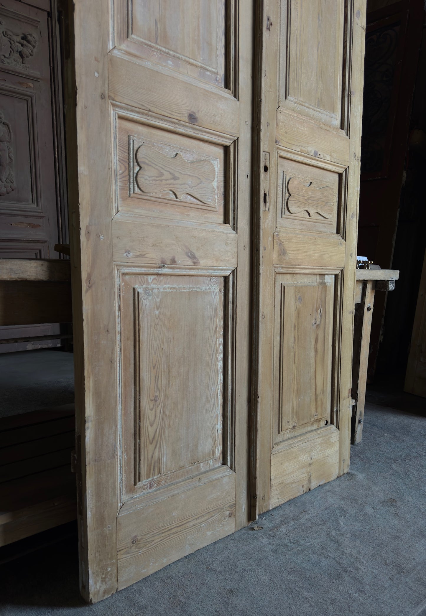 3 Panel Carved Antique Solid French Doors - 43x95.5 - L322