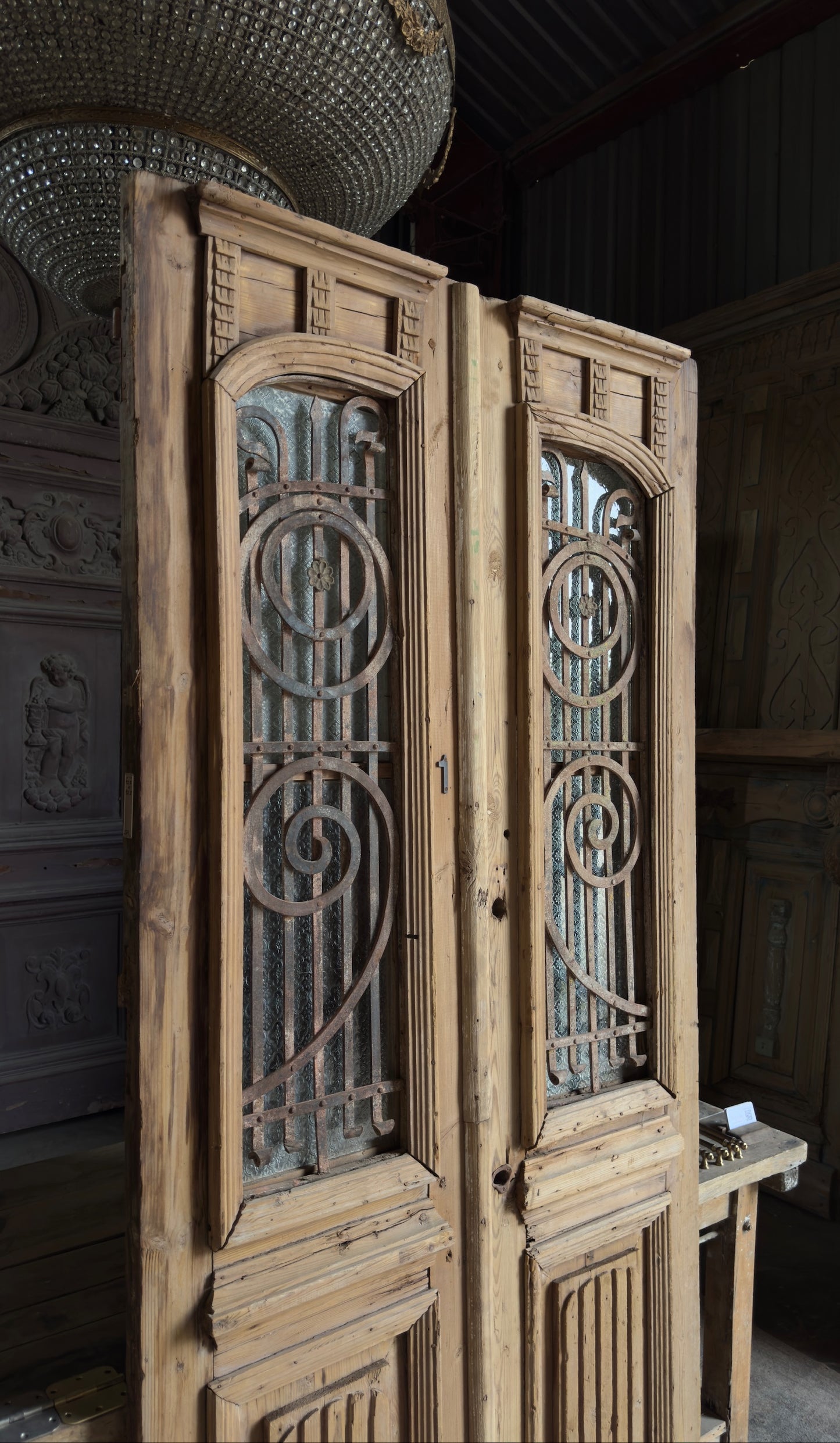 Antique Carved 2 Lite French Doors - 42.5x92.5 - L549