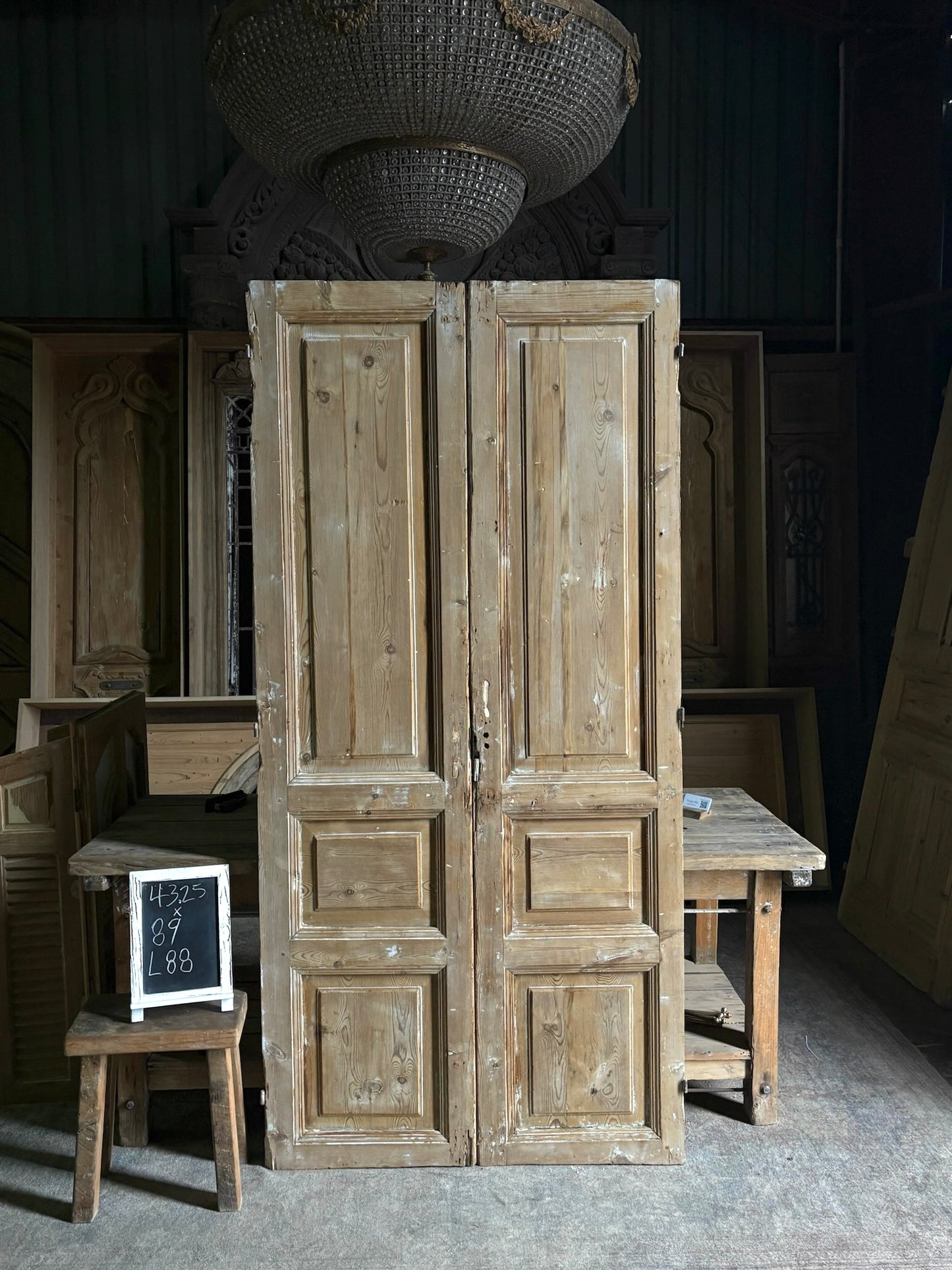 Raised Molding 3 Panel Antique Solid French Doors - 43.25x89 - L88