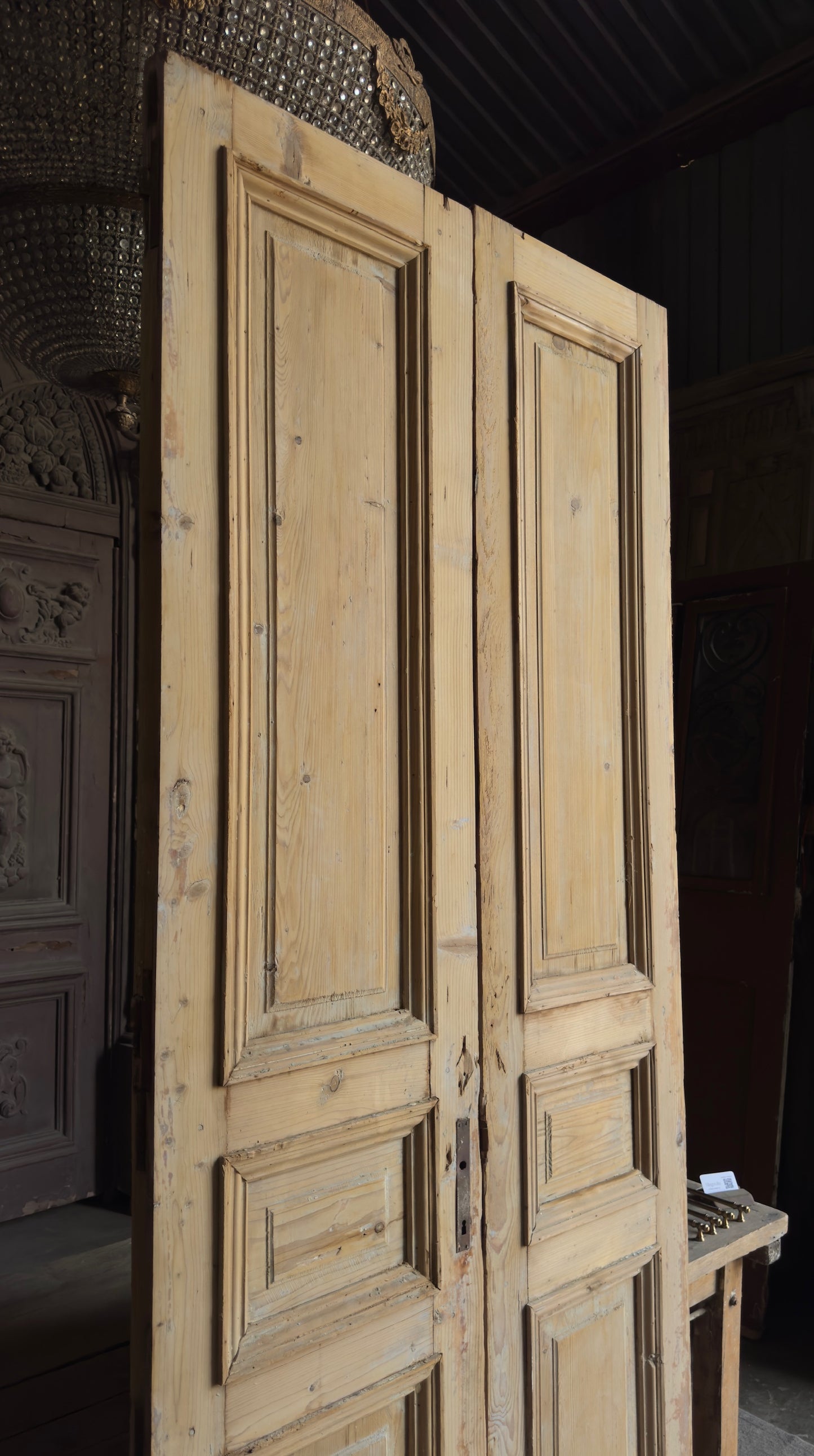 Raised Molding 3 Panel Antique Solid French Doors - 42.5x103.5 - L373