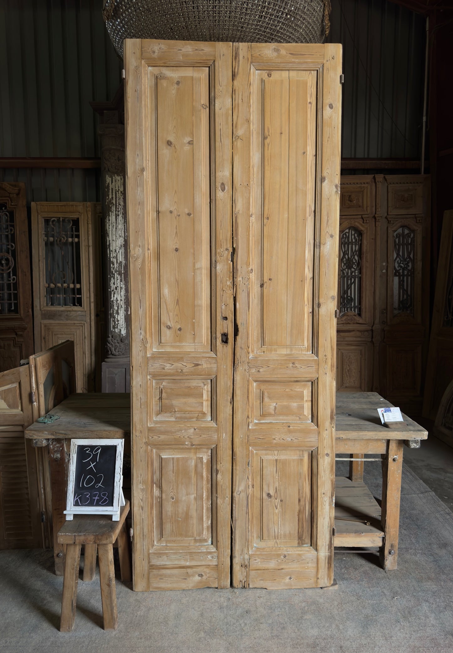 3 Panel Antique Solid French Doors - 39x102 K378