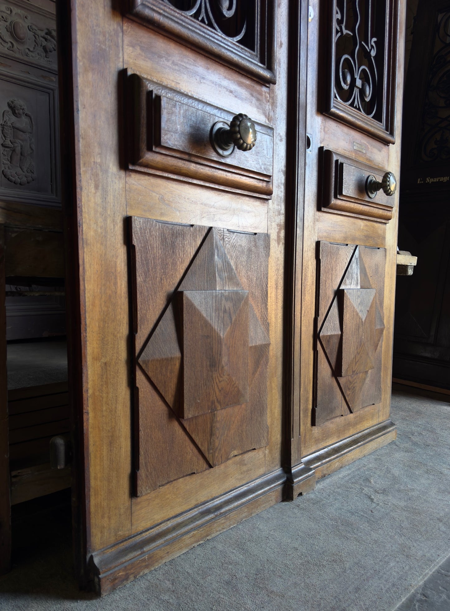 French Iron & Glass Antique Double Doors with Parquet Panels - 57x112.5 - L272