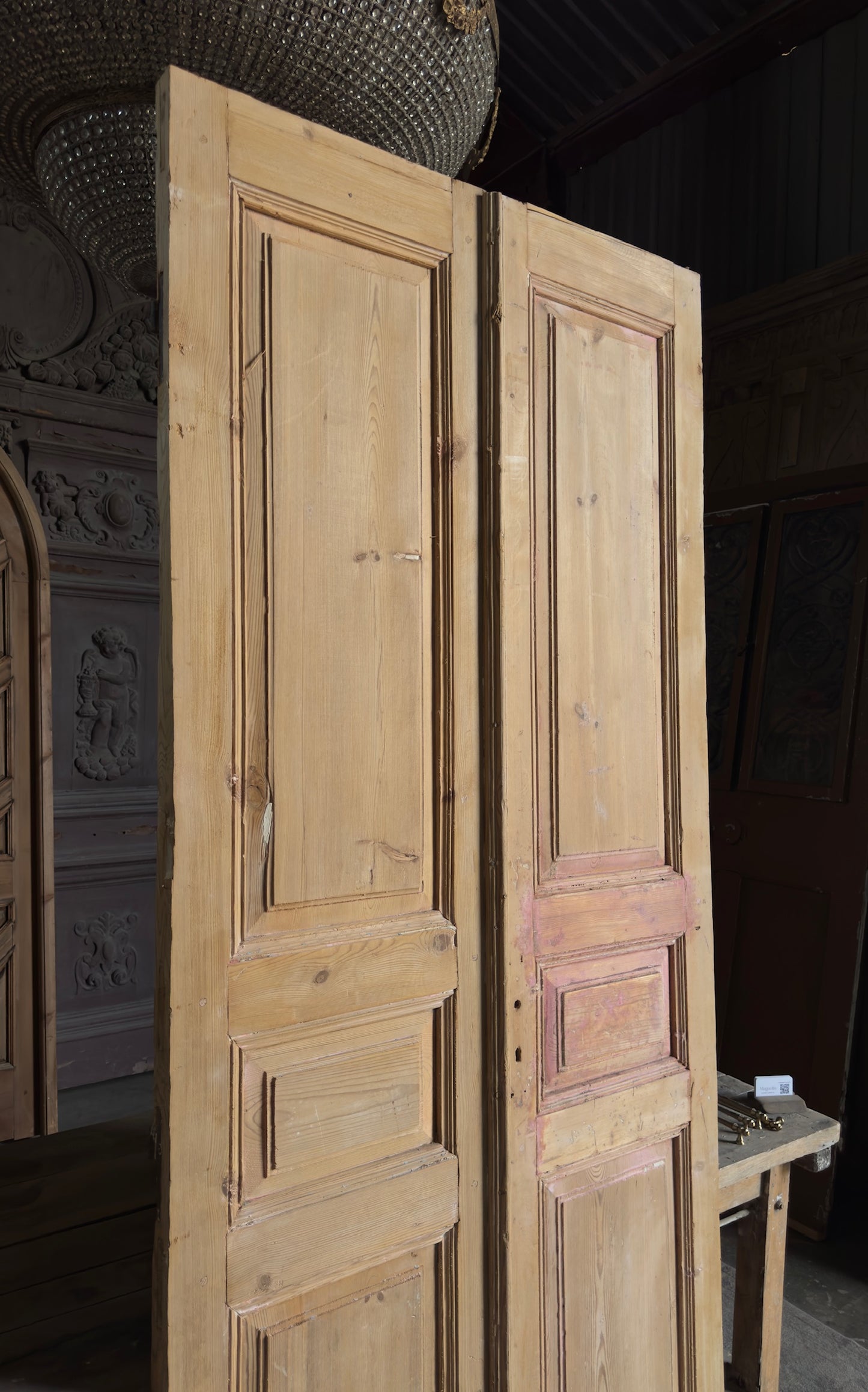 3 Panel Carved Antique Solid French Doors - 41x96.5 - L403
