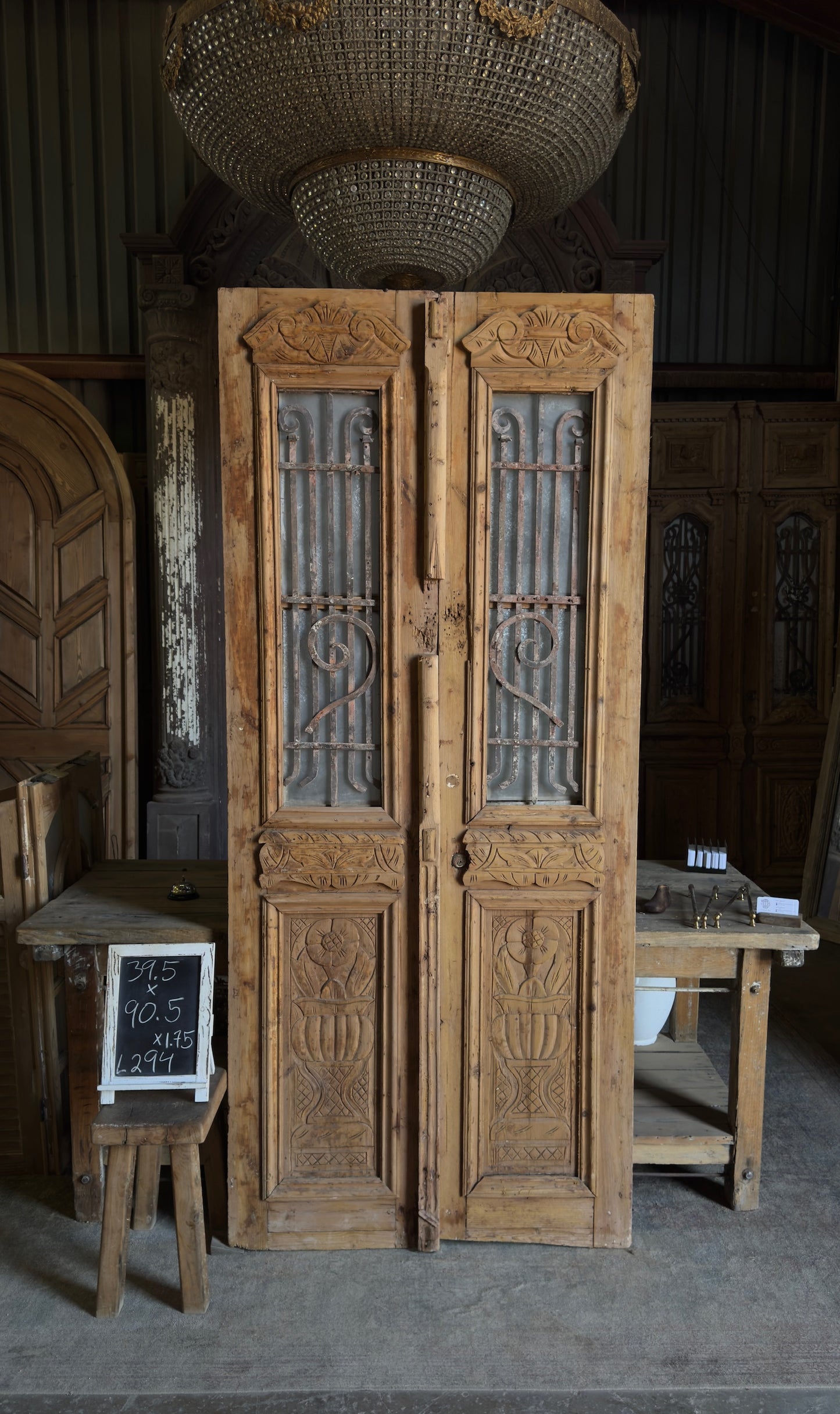 Carved Antique Iron Double Doors - 39.5x90.5 - L294