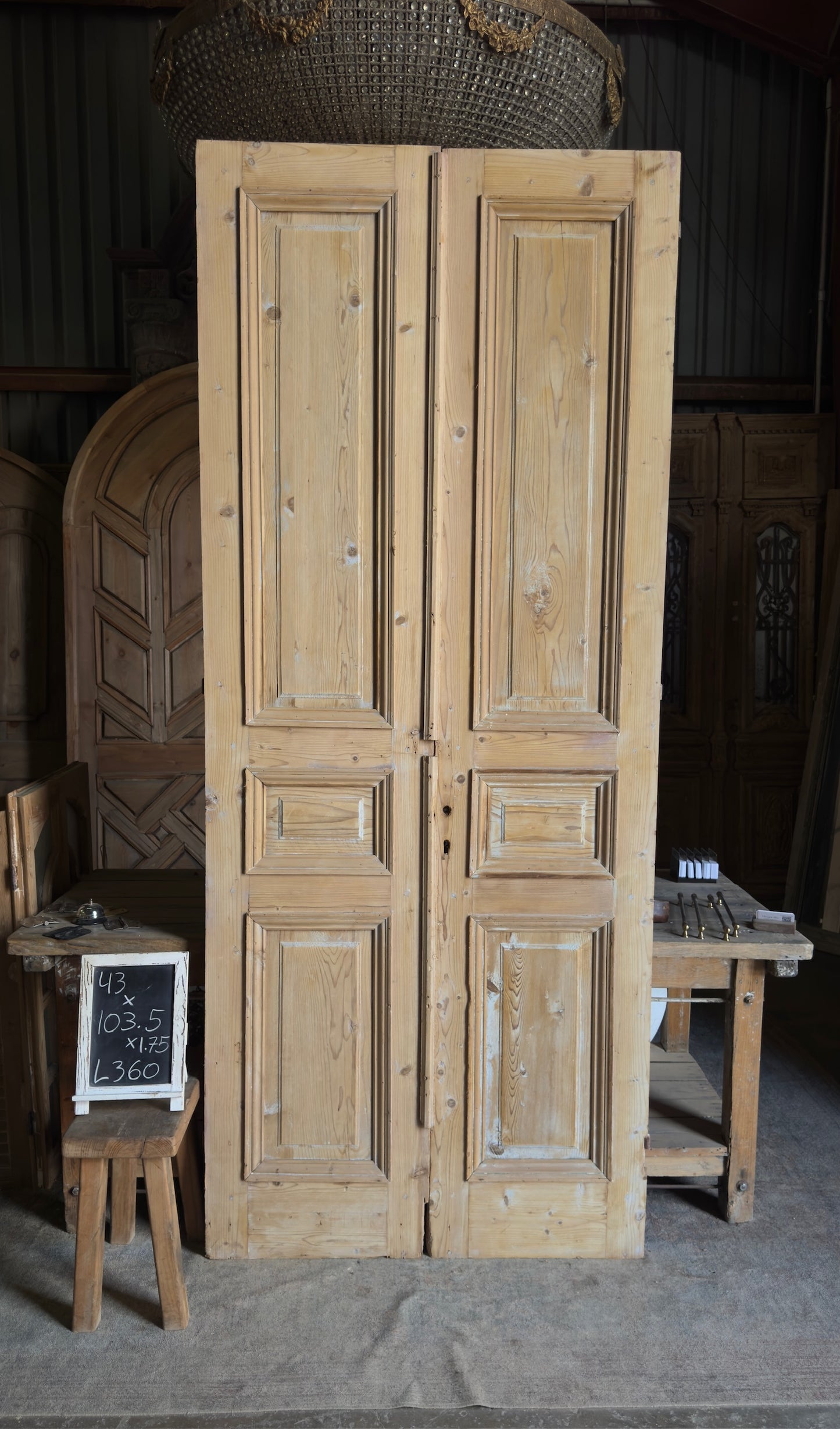 Raised Molding 3 Panel Antique Solid French Doors - 43x103.5 - L360