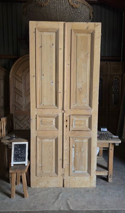 Raised Molding 3 Panel Antique Solid French Doors - 43x103.5 - L360