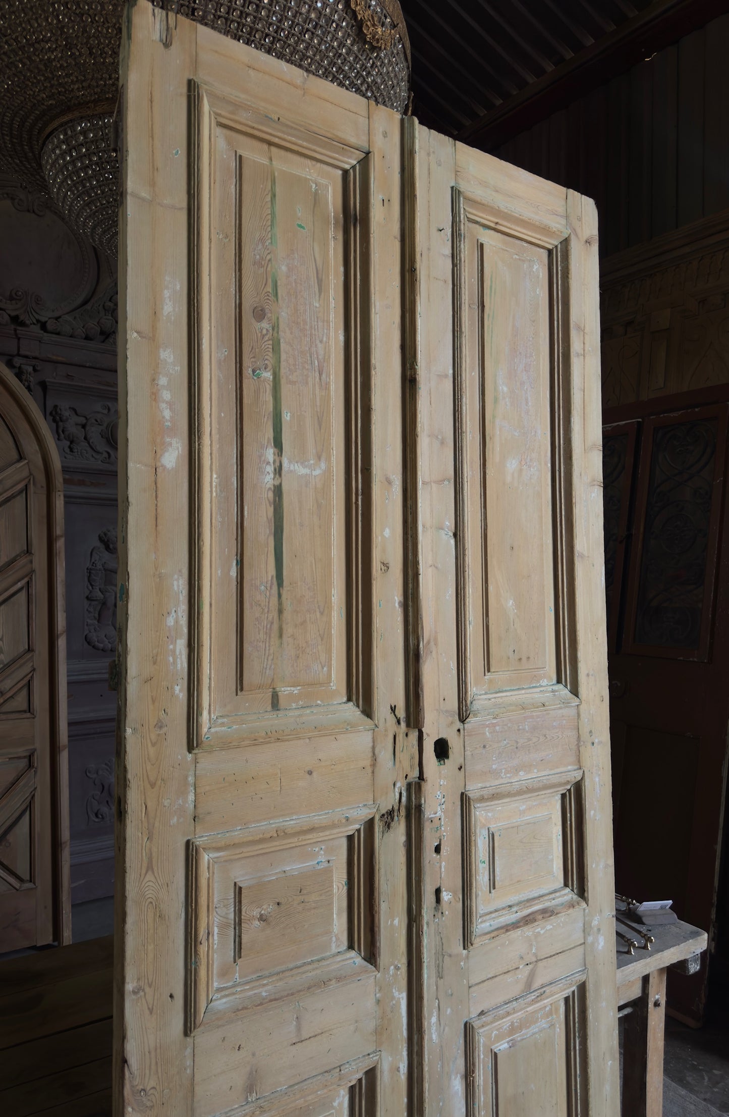 Raised Molding 3 Panel Antique Solid French Doors - 43.5x100.5 - L353