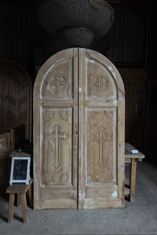 Antique Solid Arched Doors with Carved Cross - 52x90 - L142