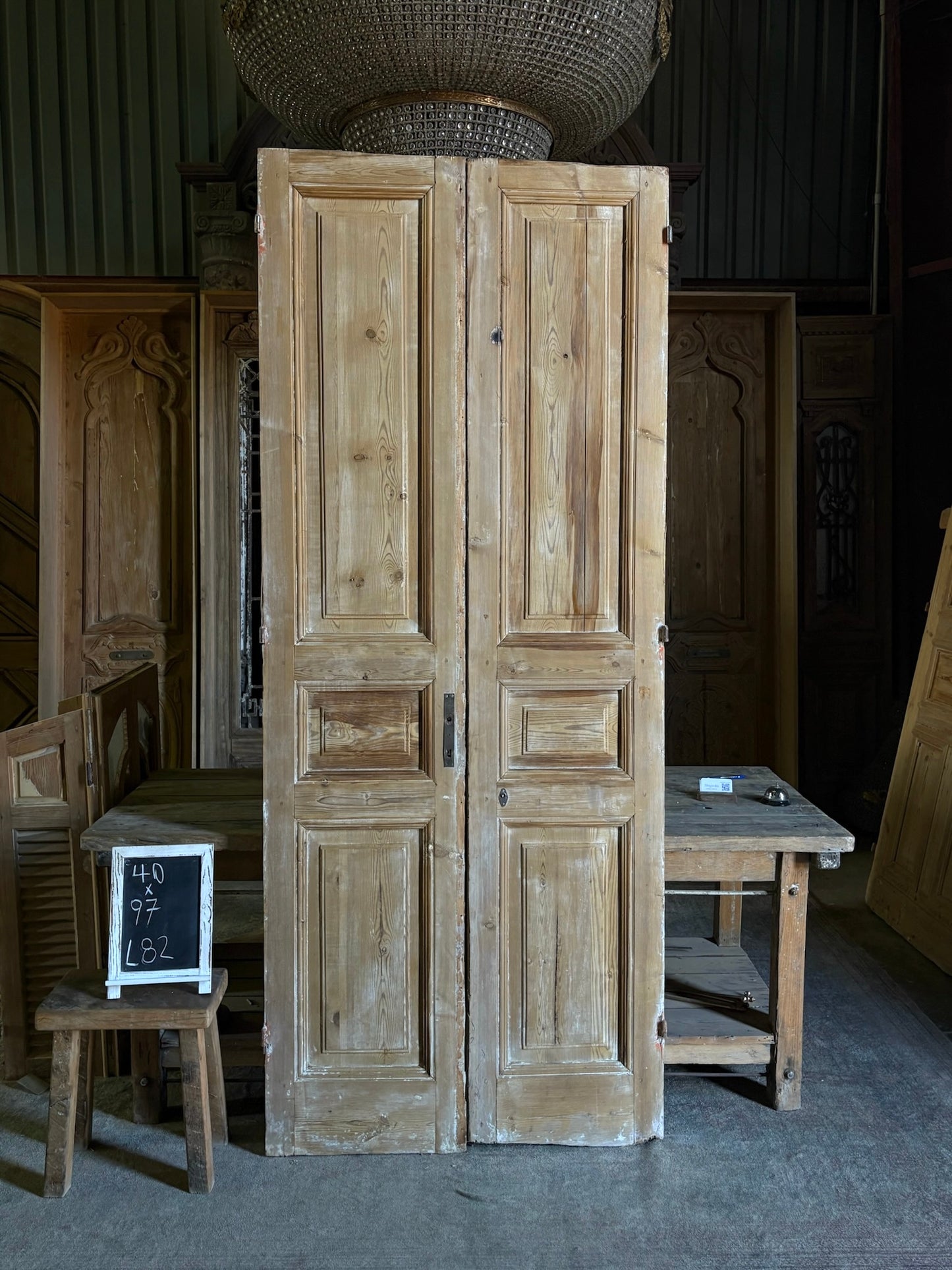 3 Panel Antique Solid French Doors - 40x97 - L82