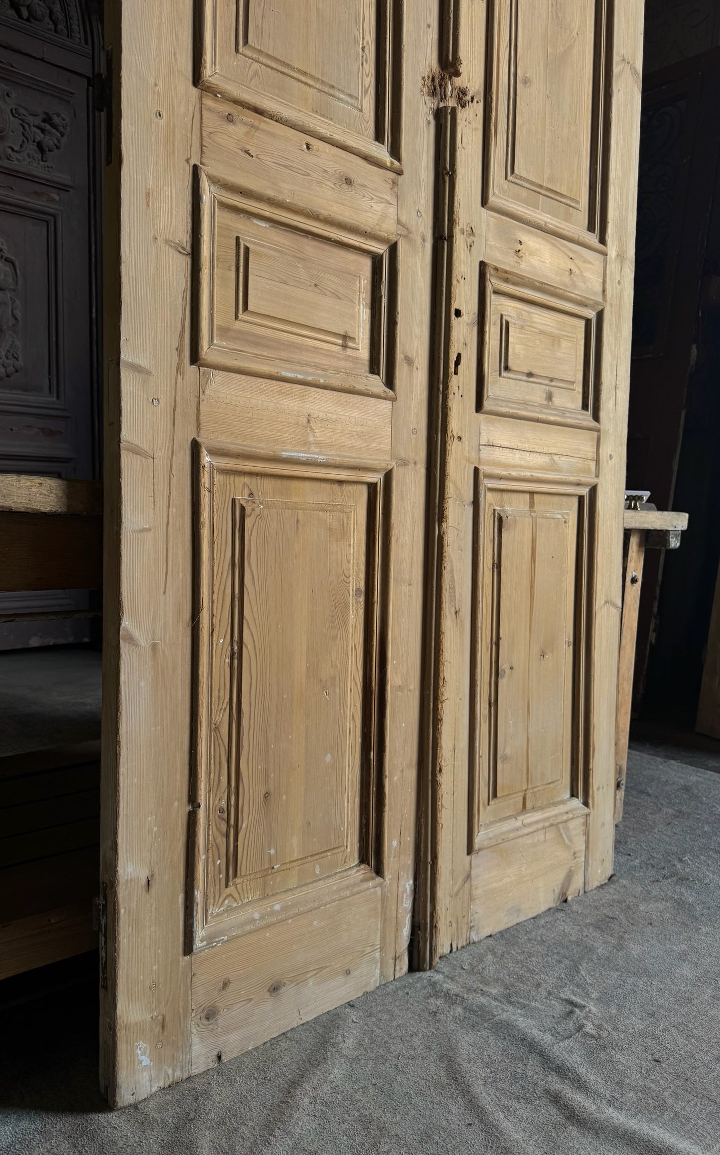 Raised Molding 3 Panel Antique Solid French Doors - 43.5x99.5 - L359