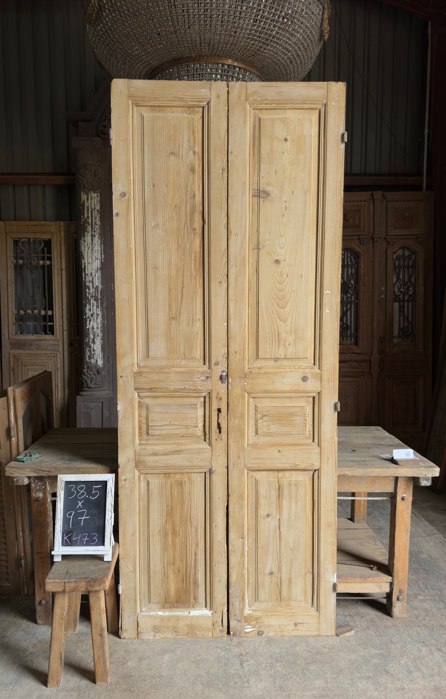 3 Panel Antique Solid French Doors - 38.5x97 K473