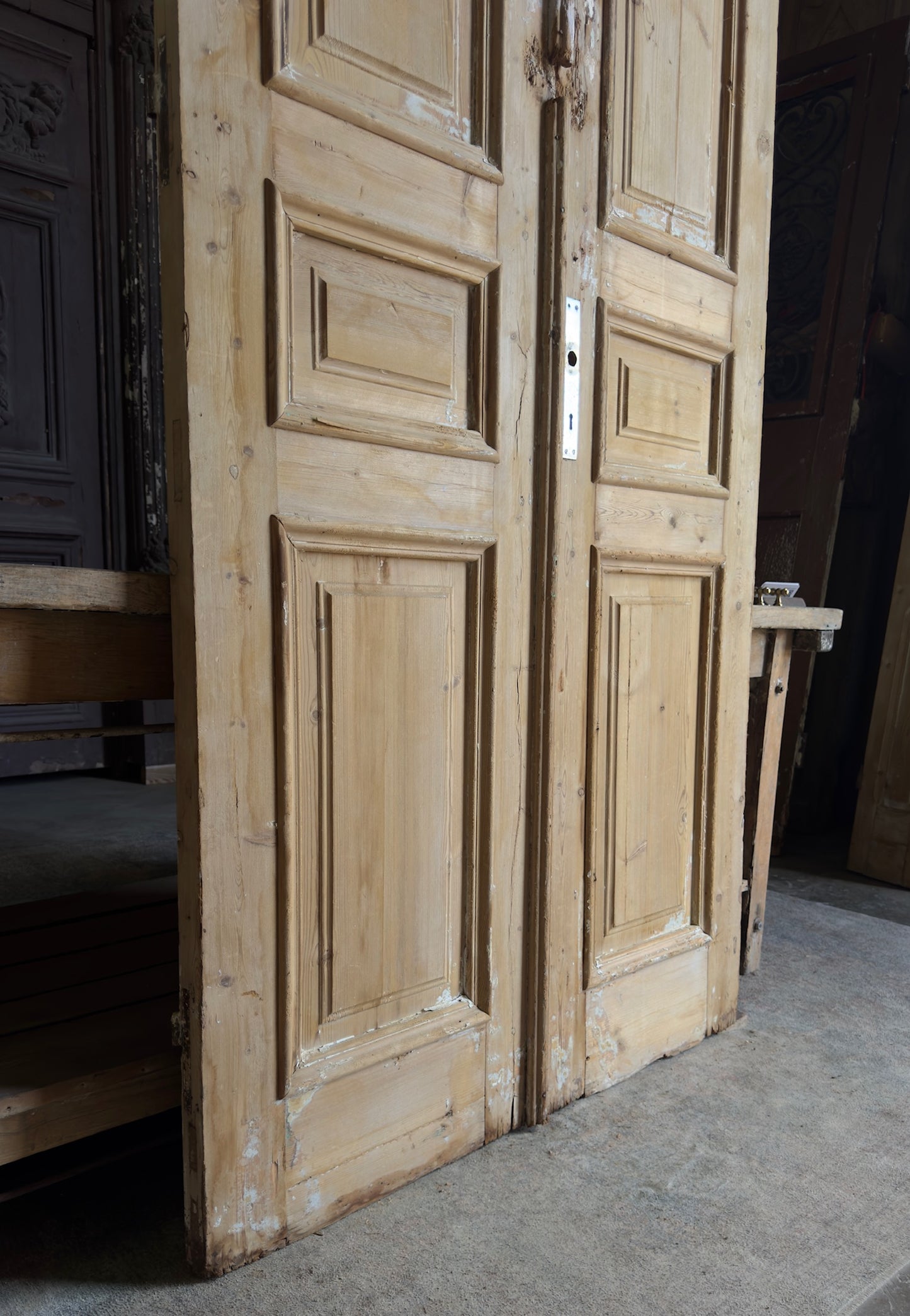 Raised Molding 3 Panel Antique Solid French Doors - 43.5x100 - L356