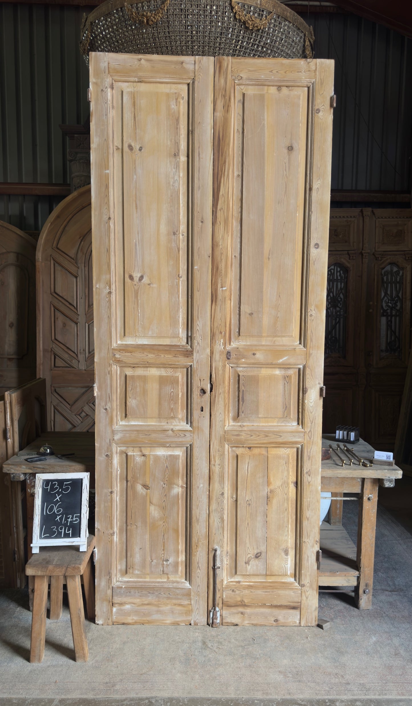 Raised Molding 3 Panel Antique Solid French Doors - 43.5x106 - L394
