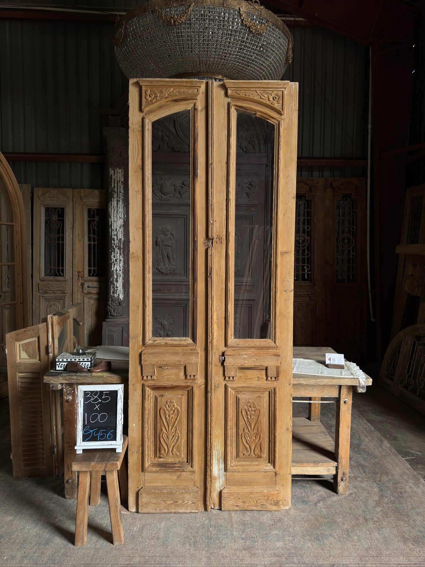 19th Century Antique Hand Carved Glass French Doors  - 38.5x100 J456