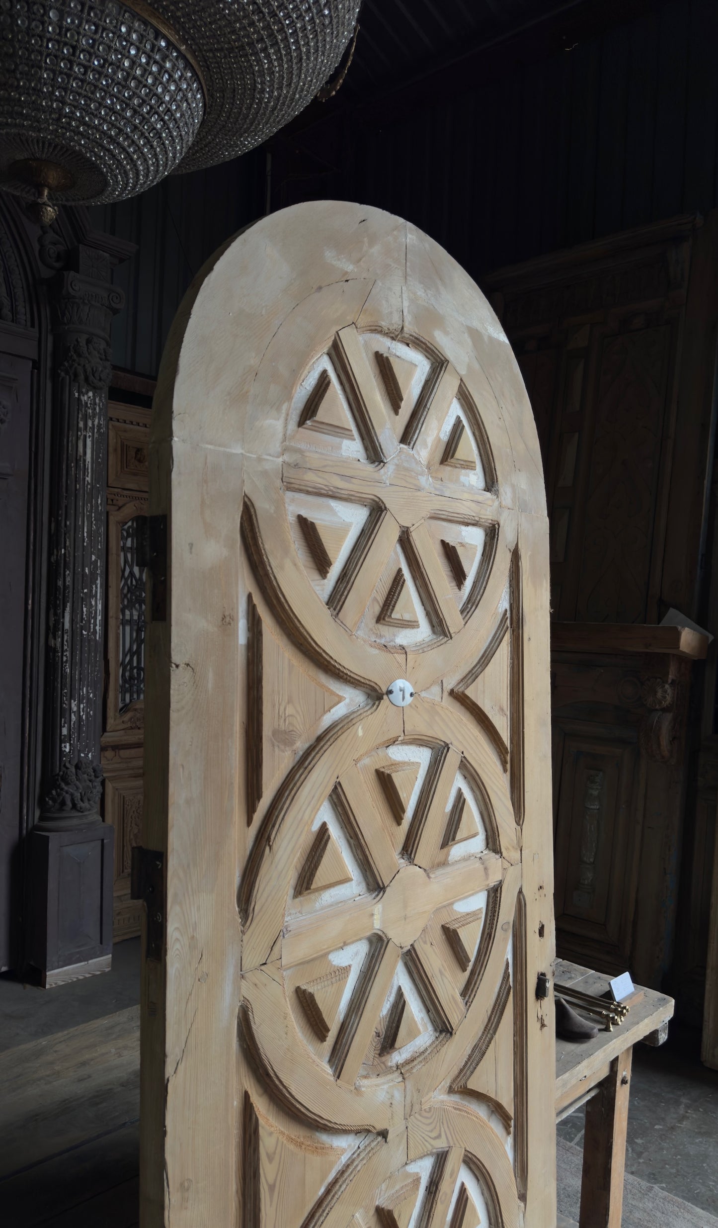 Triple Rosette Antique Arched Solid Single Door -32.25x88.5 - L145