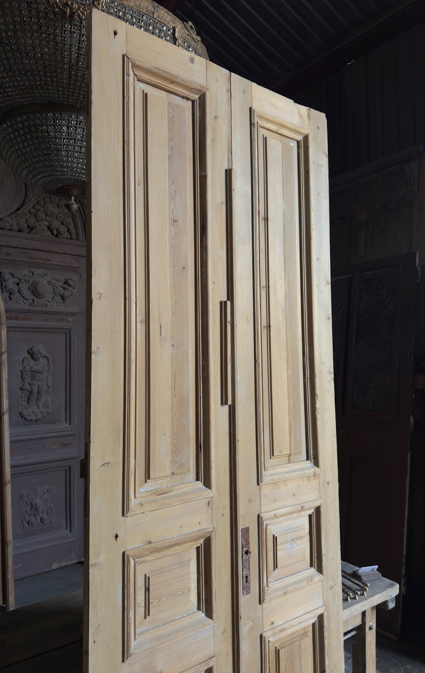 Raised Molding 3 Panel Antique Solid French Doors - 39.5x108.5 - L365