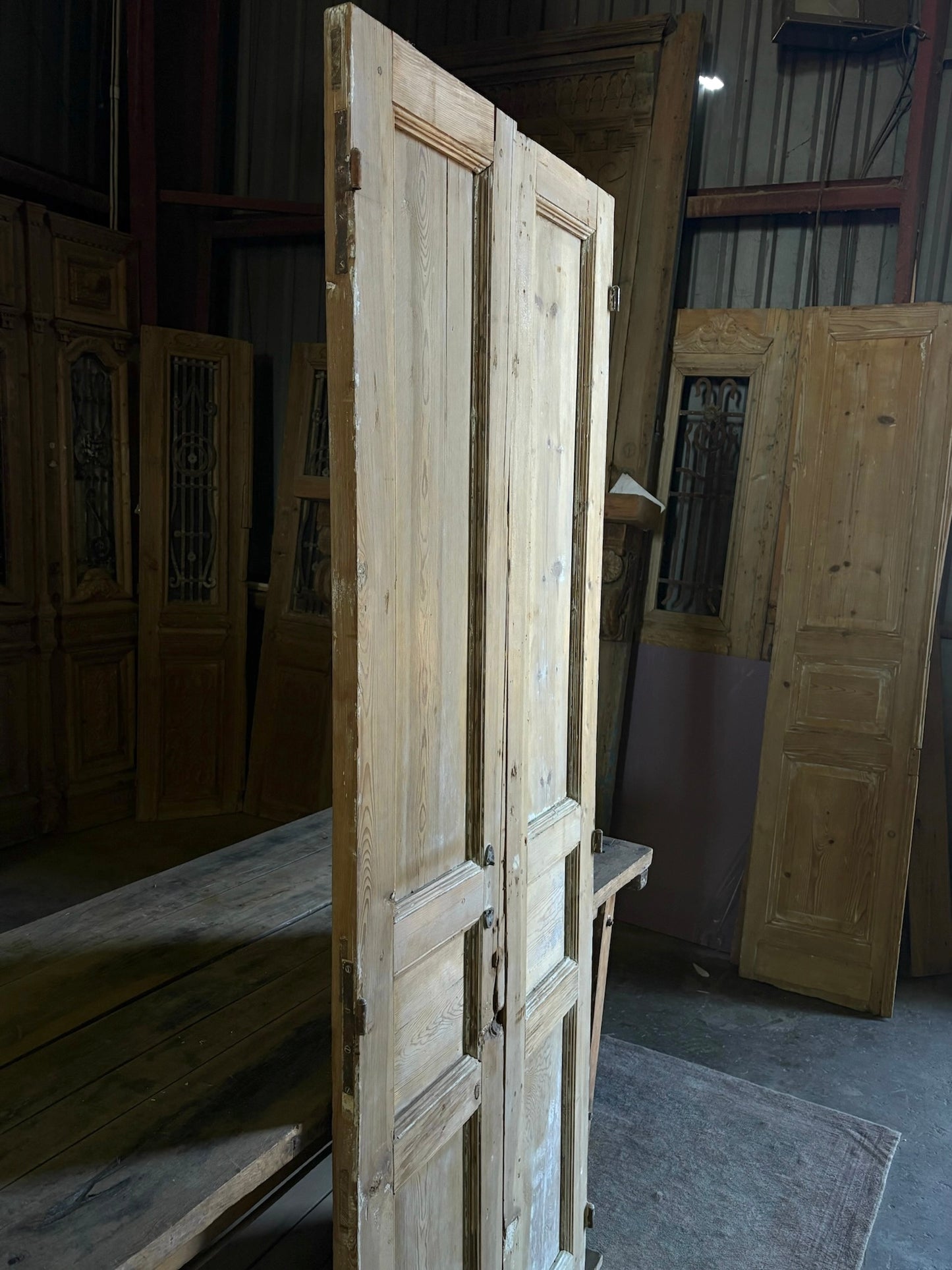 Raised Molding 3 Panel Antique Solid French Doors - 34.5x86 - L95