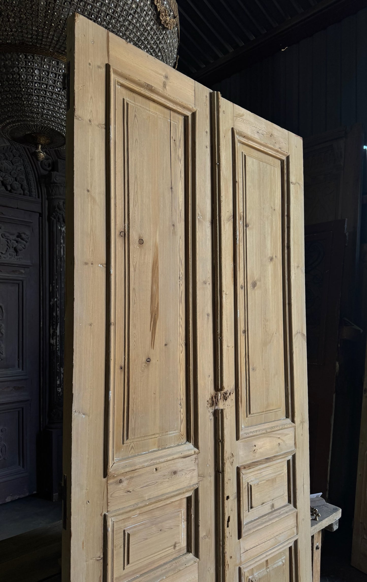 Raised Molding 3 Panel Antique Solid French Doors - 43.5x99.5 - L359