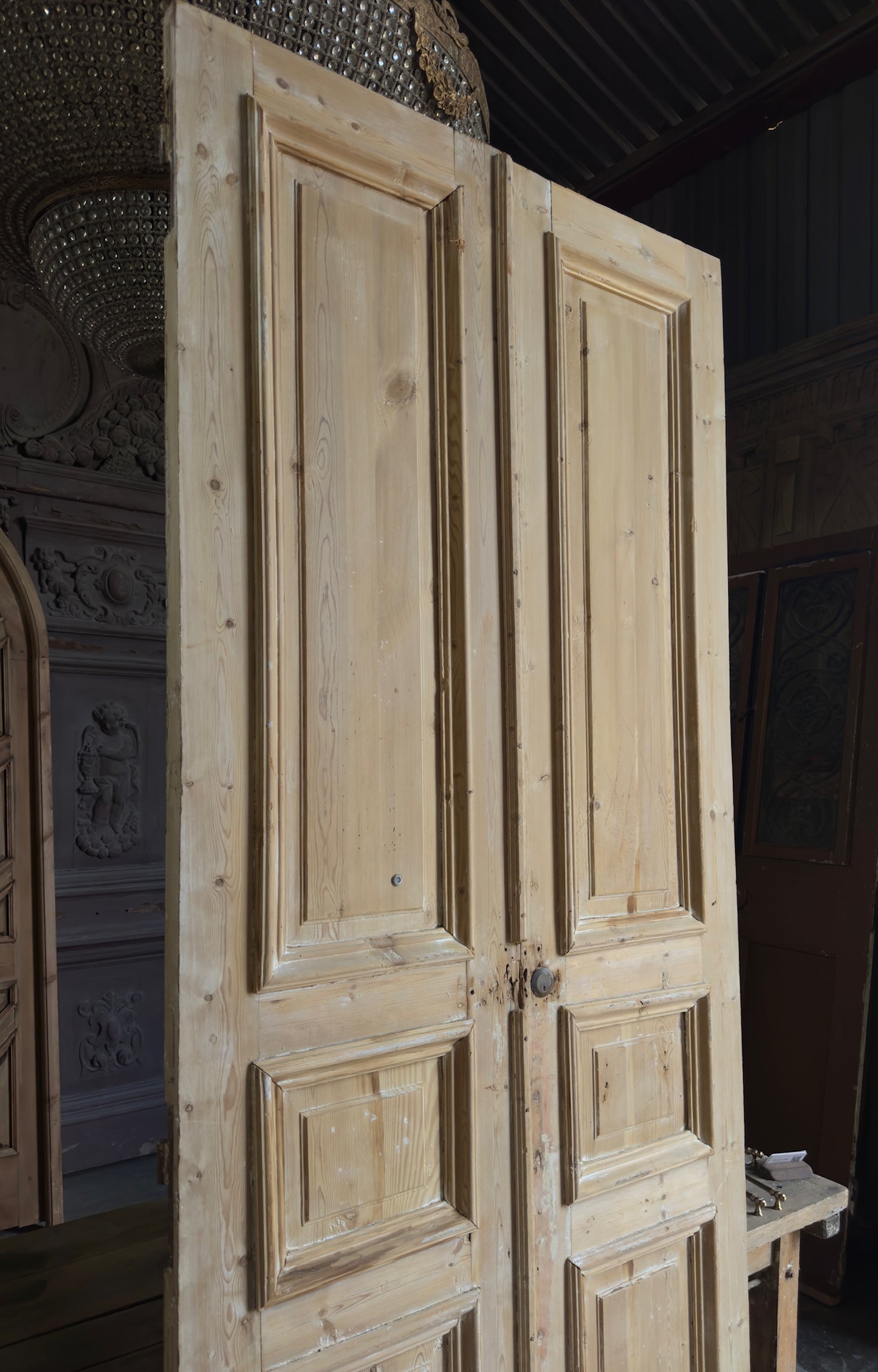 Raised Molding 3 Panel Antique Solid French Doors - 43x105.5 - L355