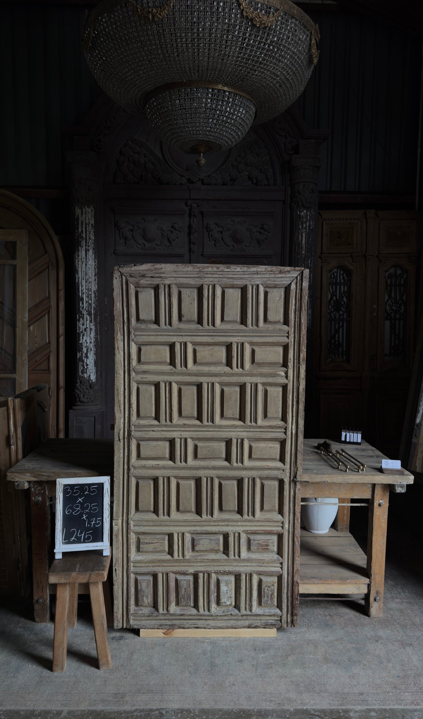 Spanish Coffered Panel Antique Single Door - 35.25x68.25 - L245