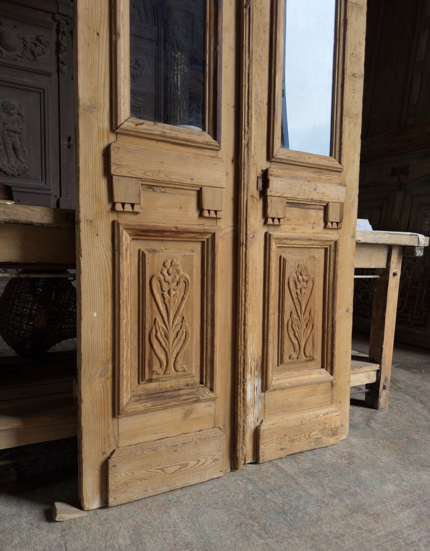 19th Century Antique Hand Carved Glass French Doors  - 38.5x100 J456
