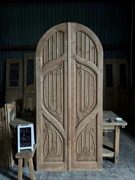 (The Merlin) Handrcrafted Arched Baltic Pine French Doors - 43.5x96.5 H234