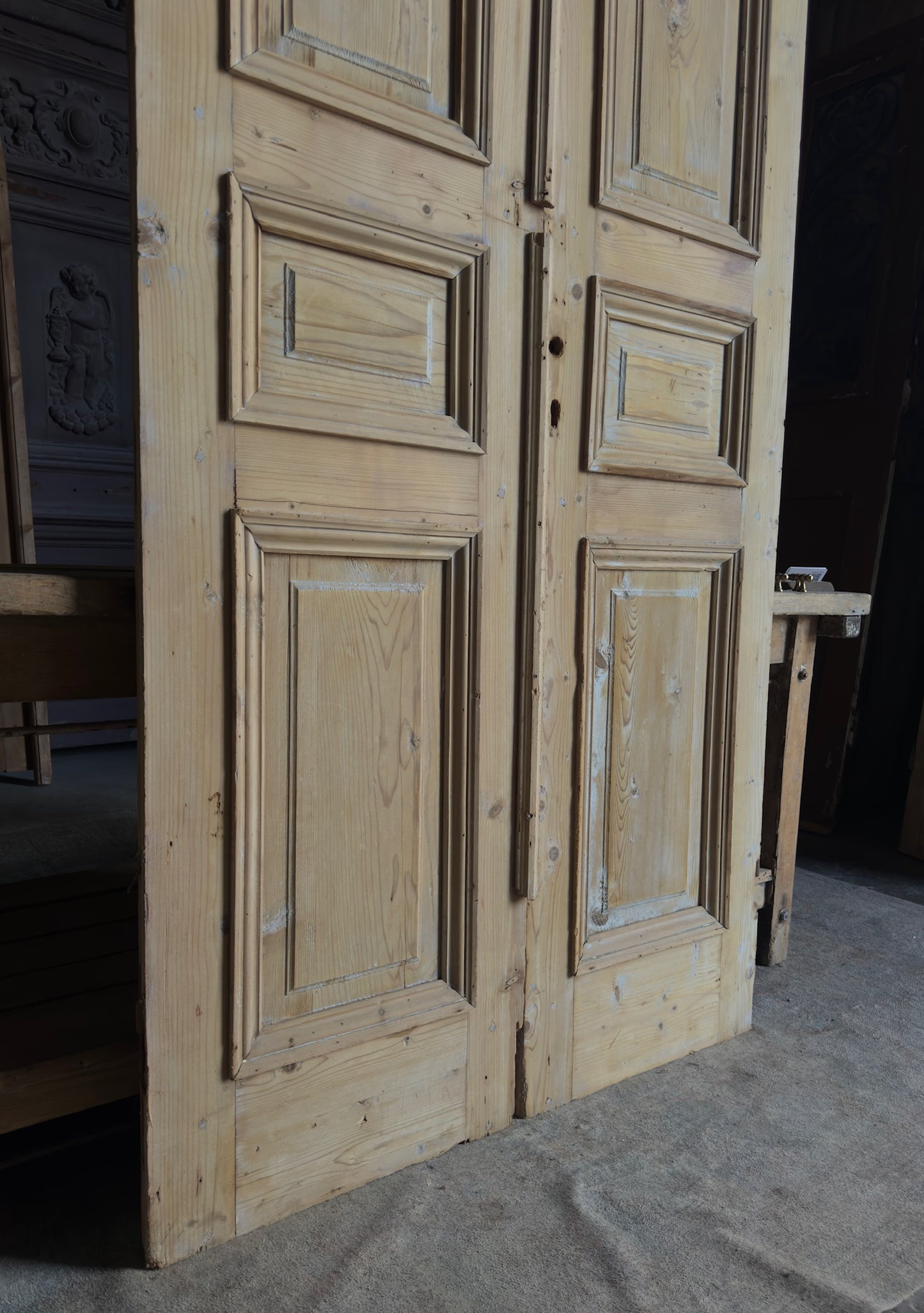 Raised Molding 3 Panel Antique Solid French Doors - 43x103.5 - L360