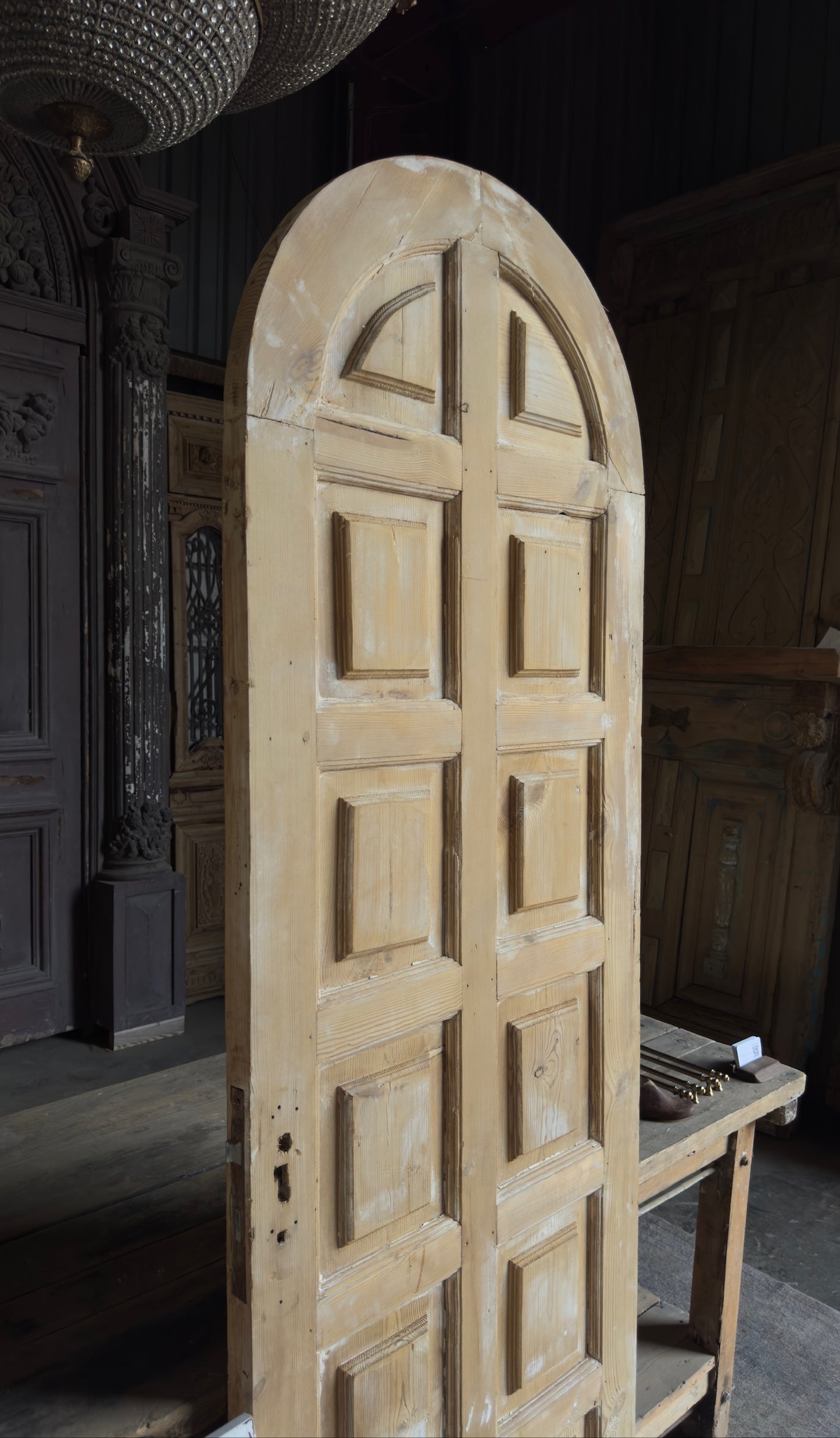 12 Panel Antique Solid Single Arched Door - 28.5x87.5 - L188