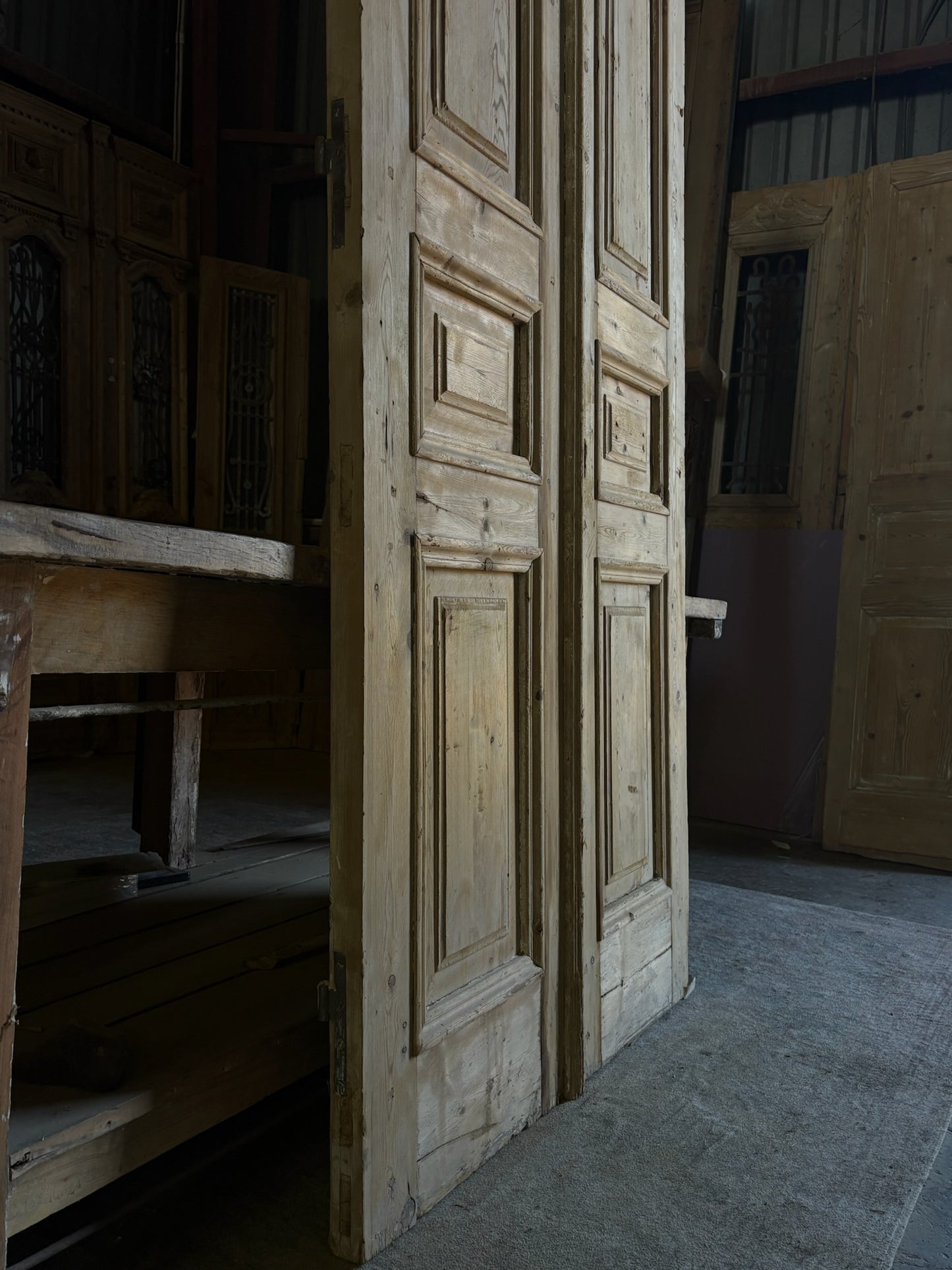 Raised Molding 3 Panel Antique Solid French Doors - 44.75x94 - L97