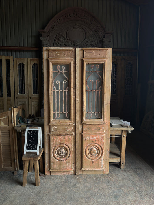 Carved Antique Iron French Double Doors - 42.5x82 J53