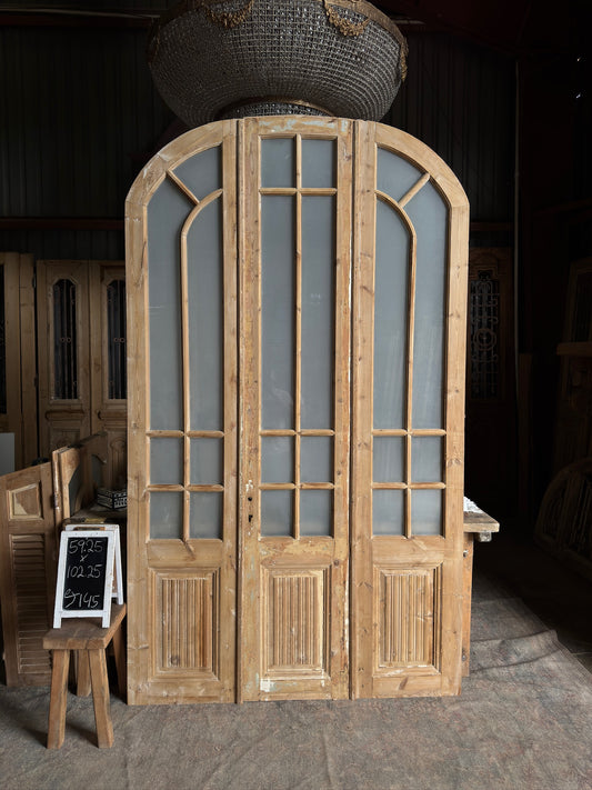 Tri-Fold Arched Antique Glass French Unit With Fluted Panel - 59.25x102.25 J145