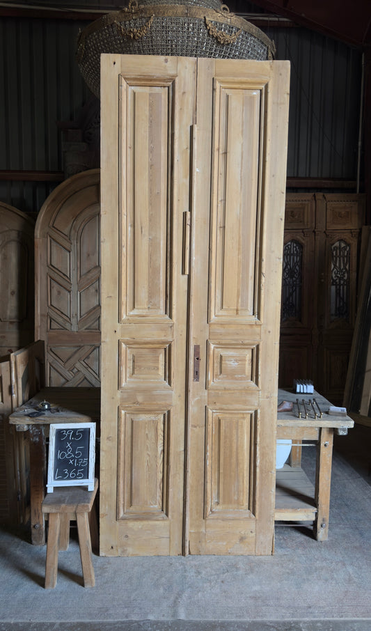 Raised Molding 3 Panel Antique Solid French Doors - 39.5x108.5 - L365